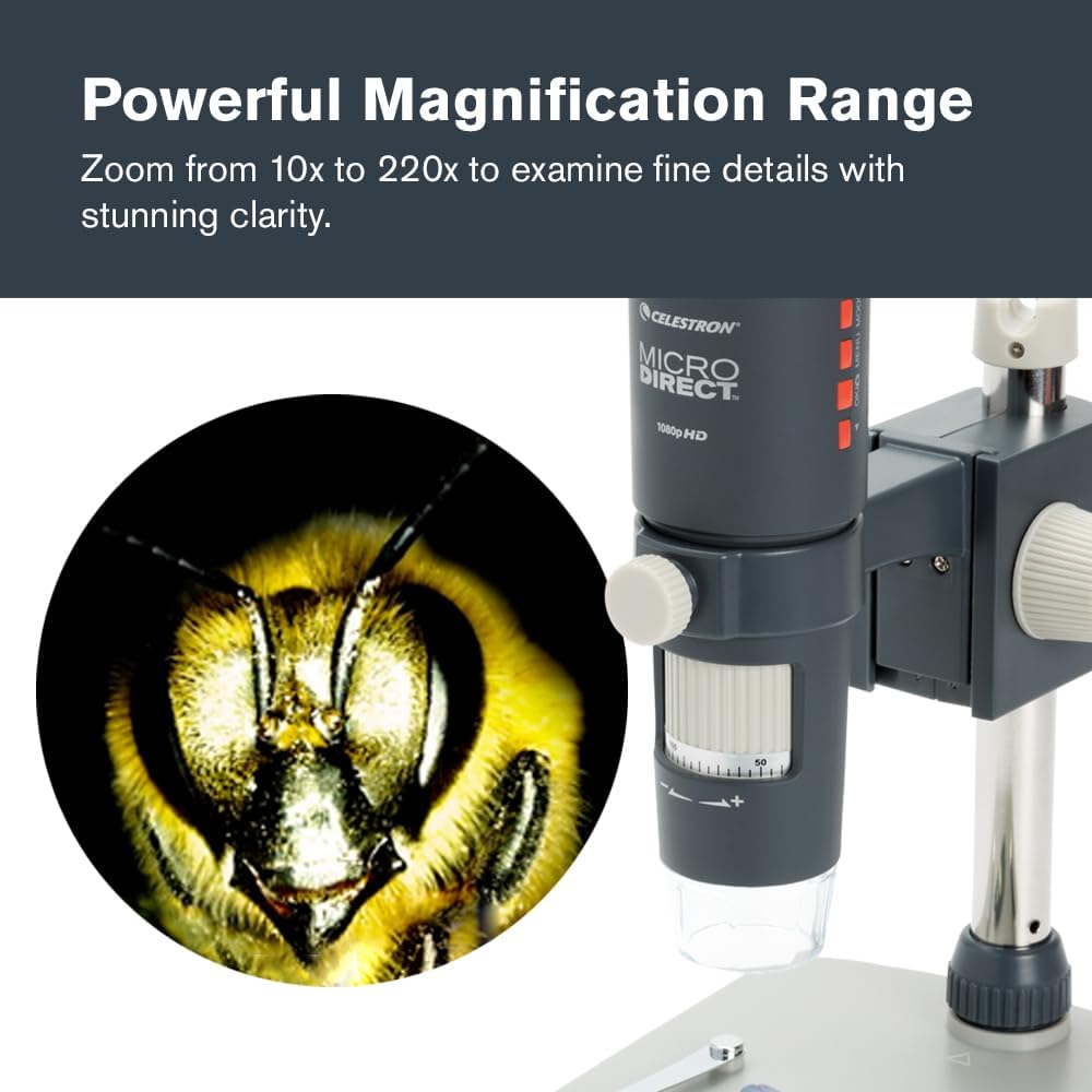 Celestron 44316 MicroDirect 1080P HDMI digitales Hand-Mikroskop, 10- bis 220-fache Vergrösserung, Gr