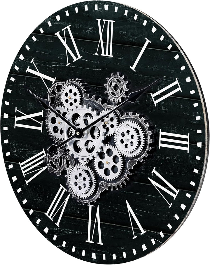 Lafocuse Schwarz Wanduhr Gross mit Beweglichen Zahnrädern Industrial Steampunk XXL Holz Vintage Retr