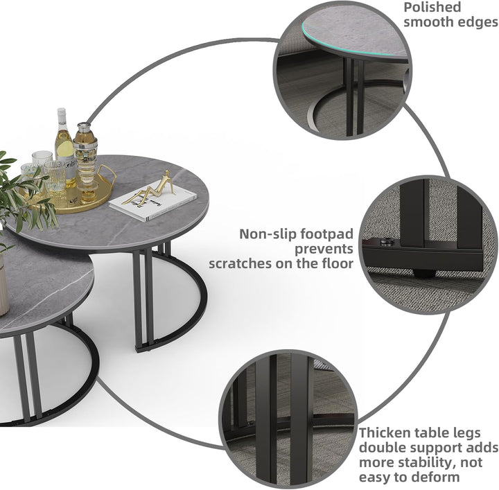 FATIVO Marmor Couchtisch 2er Set, Satztisch Rund Wohnzimmertisch mit schwarz Metallrahmen - Stabiler