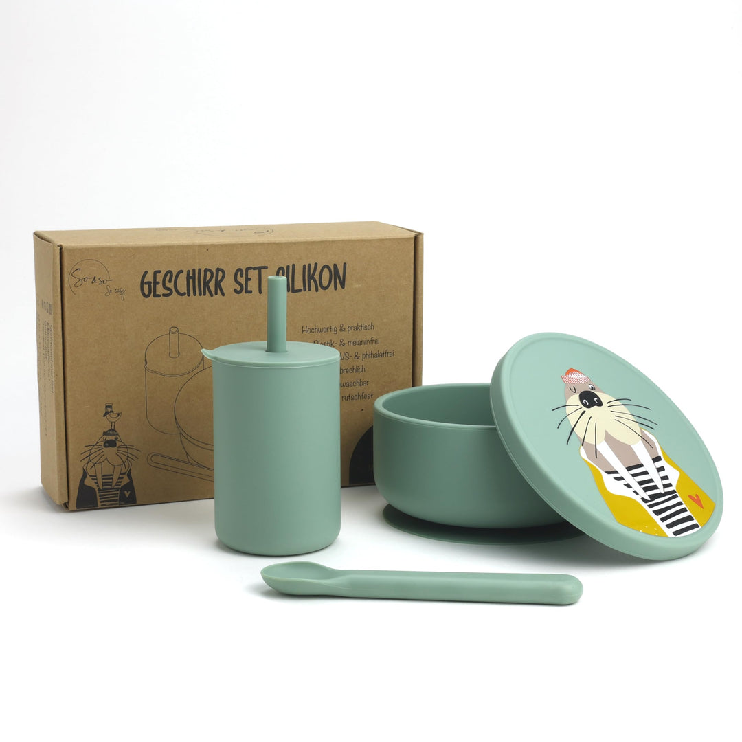 So&So Silikon Geschirr Set für Babys, hochwertiges BLW Baby Geschirrset mit Saugnapf, Deckel, Becher