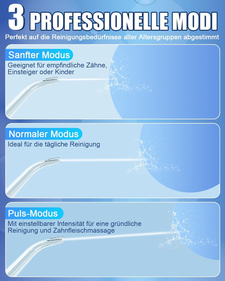 Munddusche Kabellos Elektrisch, 2026 380ml Wassertank, 3 Modi & 4 Düsen, 1600 Wasserstösse/Min, IPX7