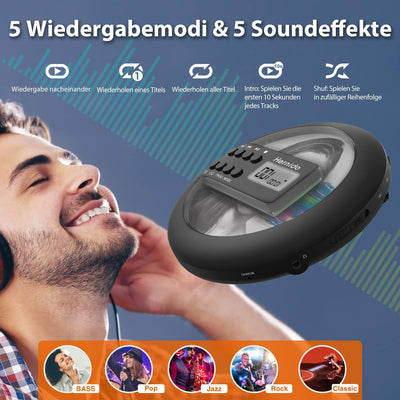 Hernido Tragbarer CD-Player für Auto, kompakter CD Player mit FM-Transmitter, USB wiederaufladbarer