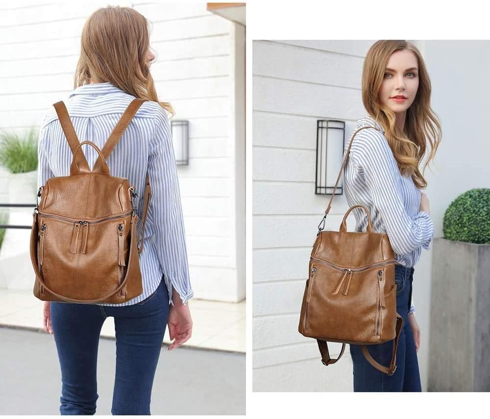 Damen Rucksack PU Leder, Lässig Lederrucksack 2 in 1 Rucksack Schultertasche Diebstahlschutz, Elegan