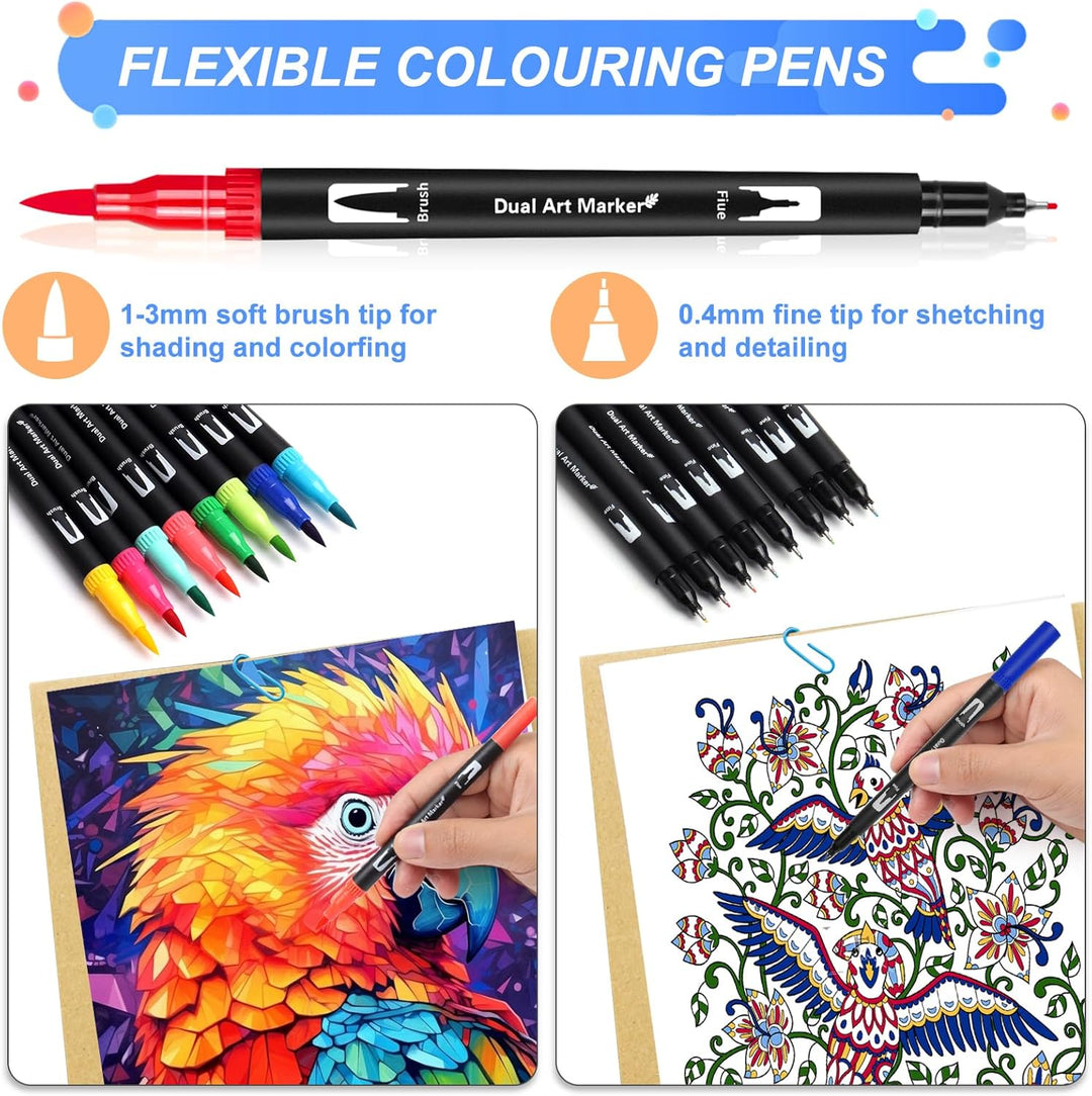 TrendGate Dual Brush Pen Set, 144 Farben Fineliner und Pinselstifte Set, Doppel Filzstifte Dicke und