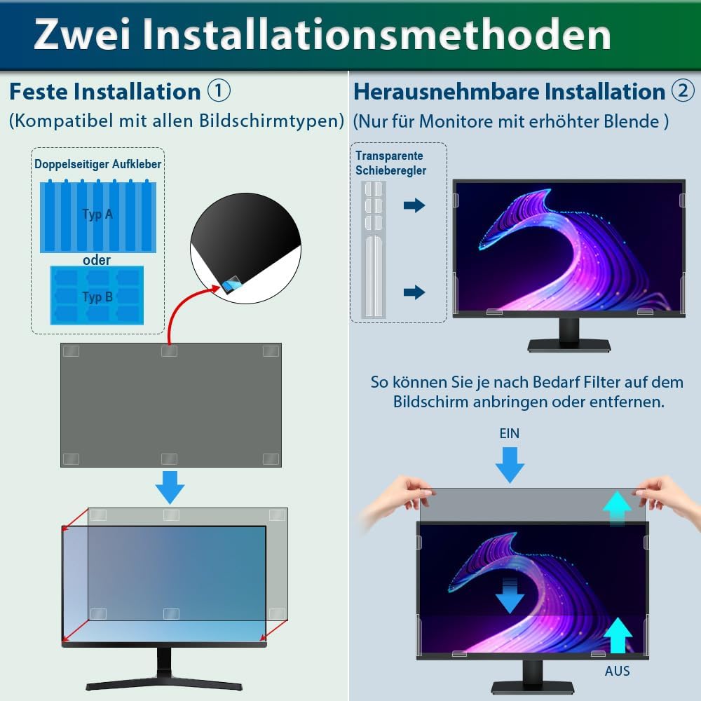 STARY Blickschutzfolie 24 Zoll für 16:9 Monitor, Anti-Blaulicht Displayschutz, Abnehmbarer Blendschu