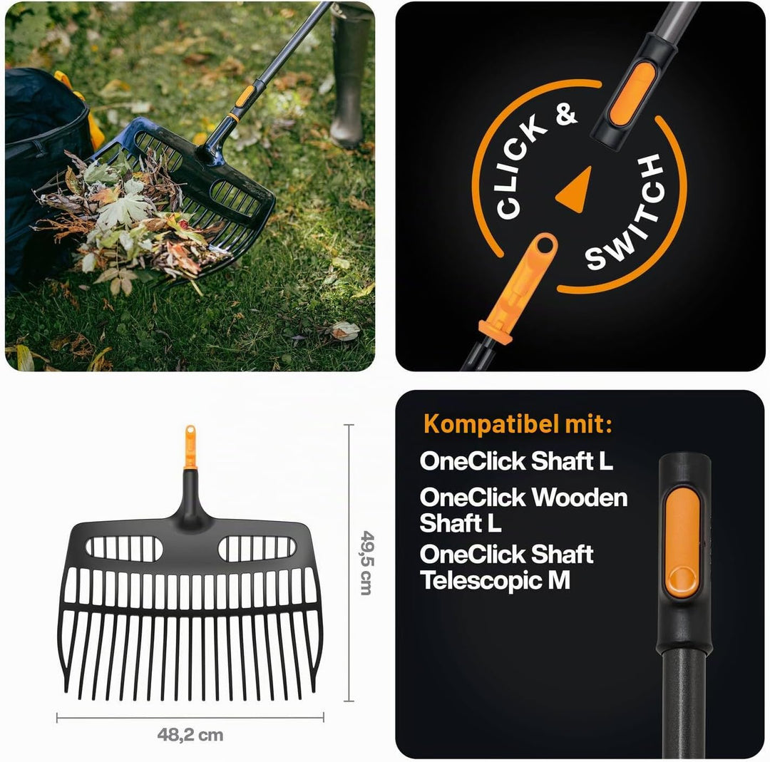 Fiskars OneClick Schaufelrechen, Vielseitiger Aufsatz zum Harken, Heben und Sieben, Müheloses Wechse