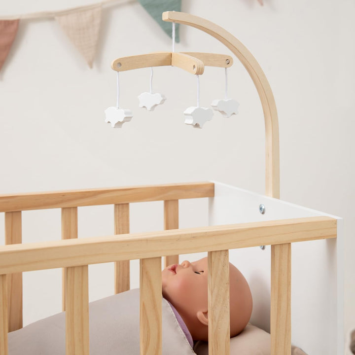 ELLA & PIET® Puppenbett Cozy mit Schrank und Mobile aus Holz (Weiss-Schlamm)