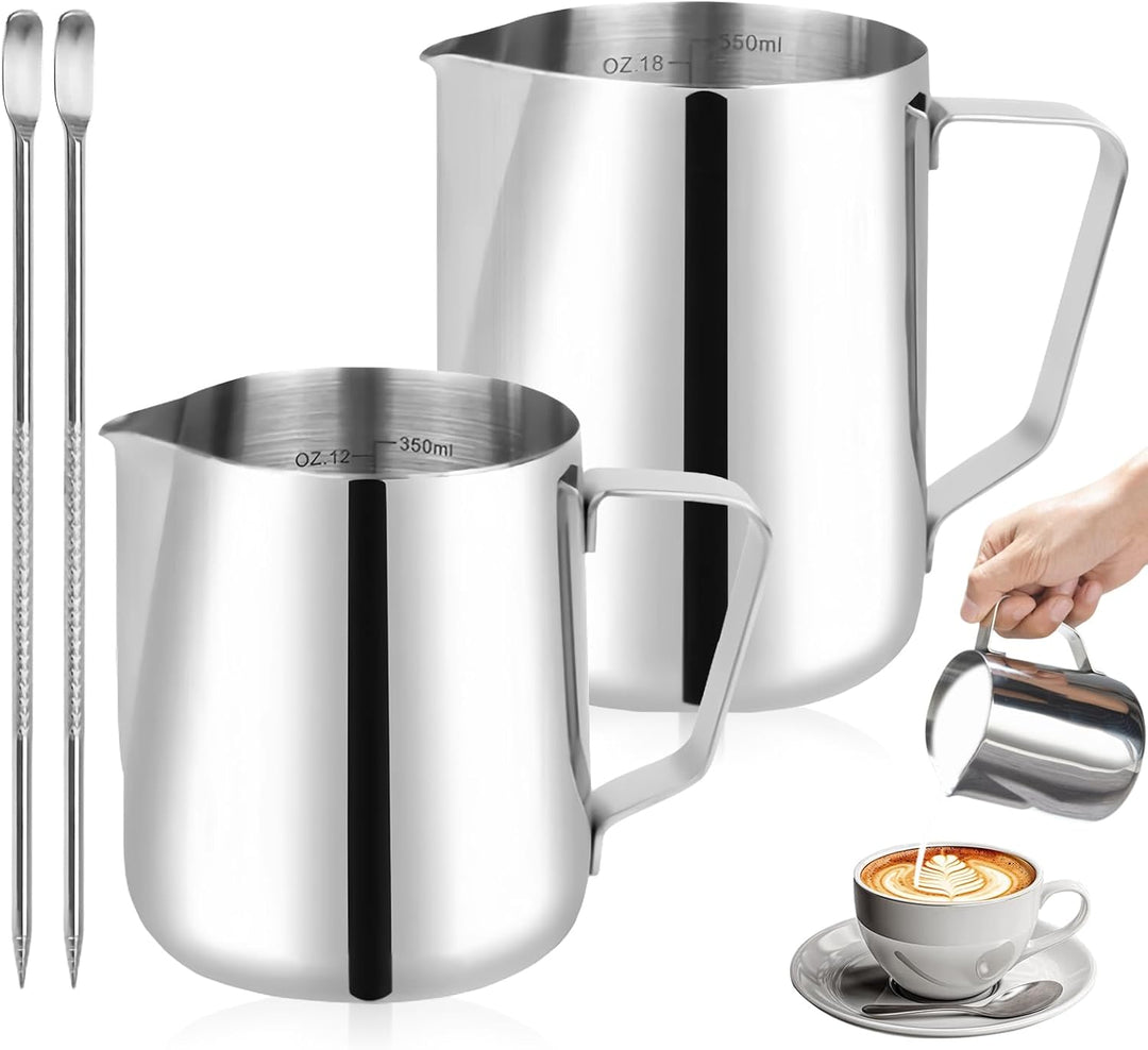 Milchkännchen Edelstahl, 2 Stück Milchschaumkännchen 350ml und 600ml, Milchkanne Edelstahl, Silber M