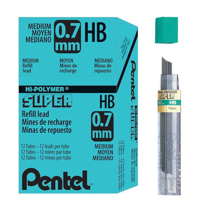 Pentel Super Hi-Polymer-Minen, 0,7 mm, HB, Medium, Schwarz, 12 Röhren Blei (50-HB)