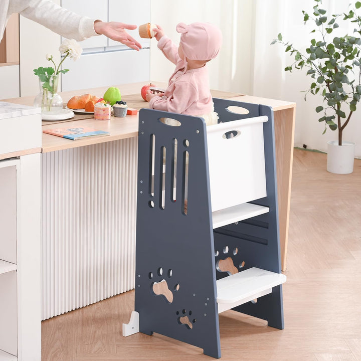 Kleinkind Tritthocker Kinderhocker, Toddler Tower & Lernhocker mit Sicherheitsbarriere, Kippschutz u