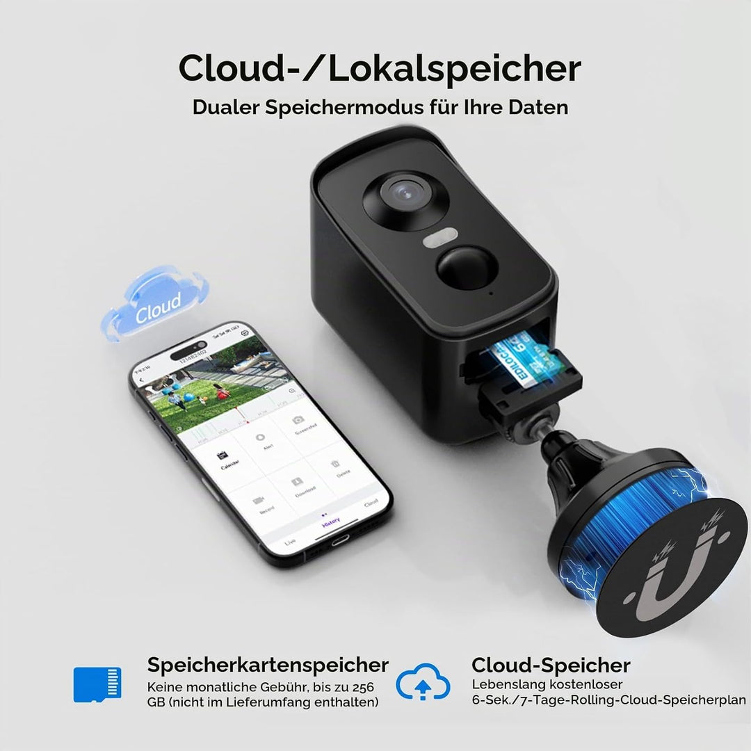 Ediloca Magnetische Sicherheitskameras, kabellos, für den Aussenbereich, 2K, schwenkbar, 300°, batte