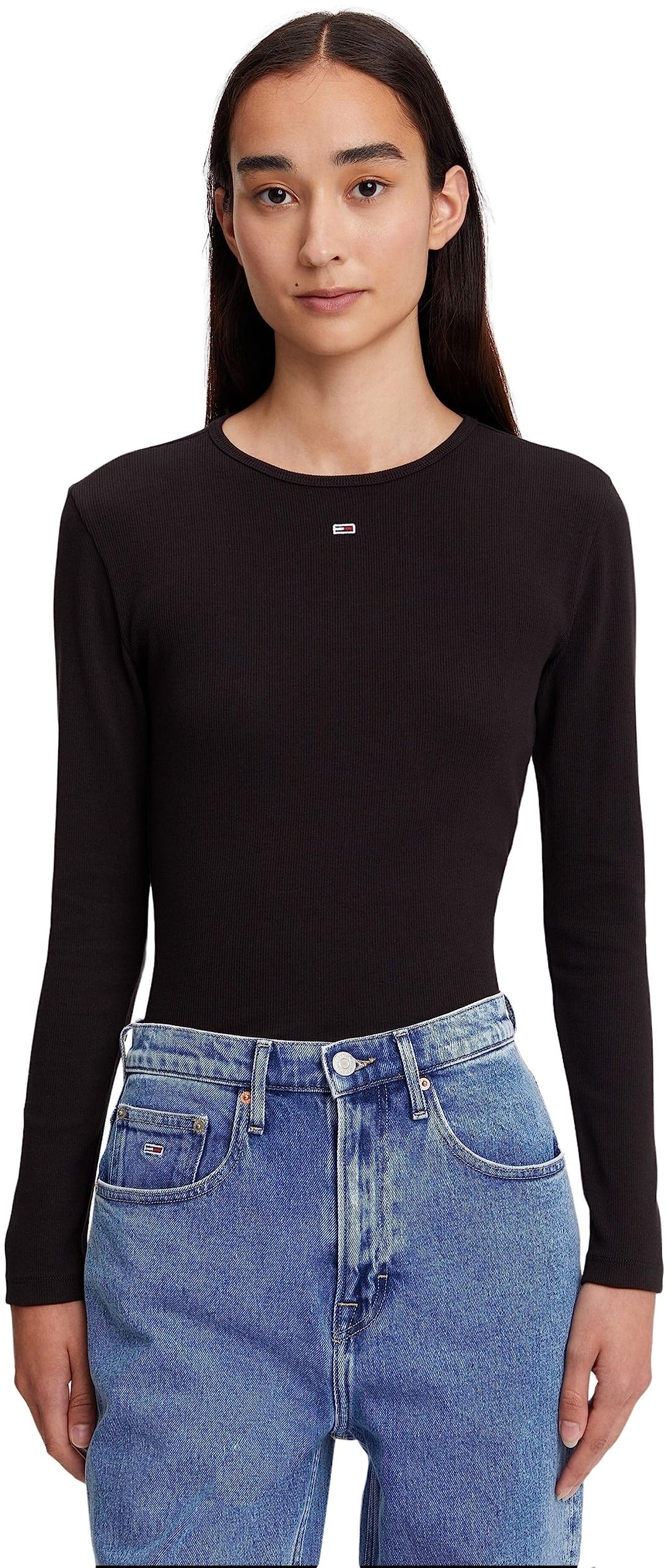 Tommy Jeans Damen Tjw BBY Essential Rib Ls Dw0dw14277 Langarm Strickoberteile XXS Schwarz, XXS Schwa