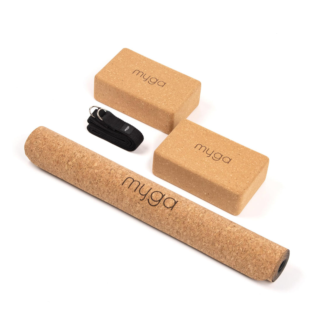 Myga Kork-Yoga-Starter-Set – Kork-Yoga-Matte, 2 Kork-Yoga-Blöcke und Yogagurt – Starter-Set mit Matt