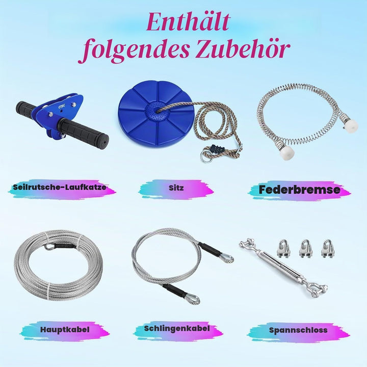 CTSC Familie Gartenspielzeug seilbahnen Set, Seilbahn Kinder Outdoor 25m, Mit Edelstahl-Federbremse,
