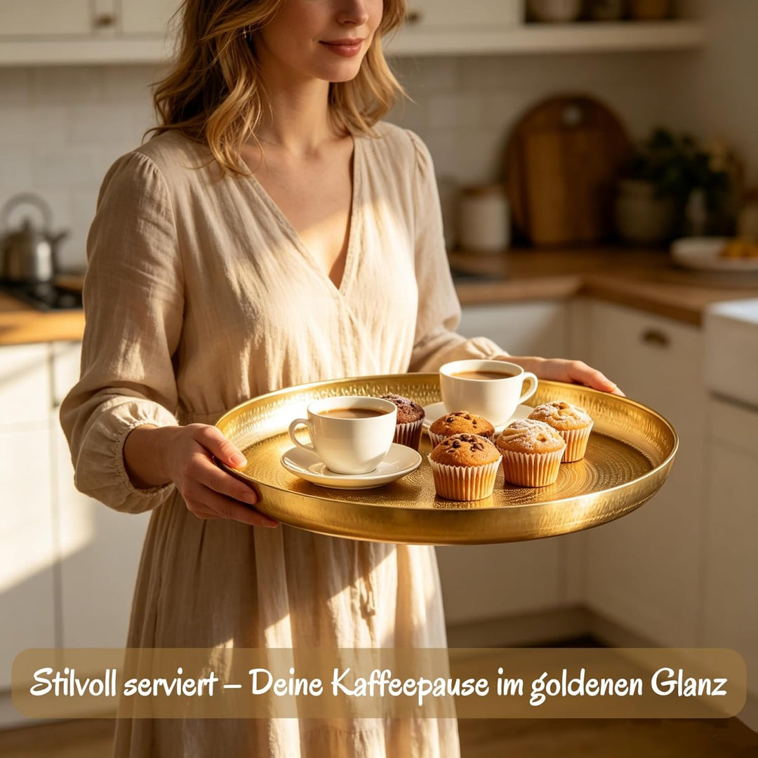 JAZUIHA Deko Tablett Rund 2er Set, Dekoschale Gold aus Metall, Dekorative Tablett Ø 34 cm, Goldener