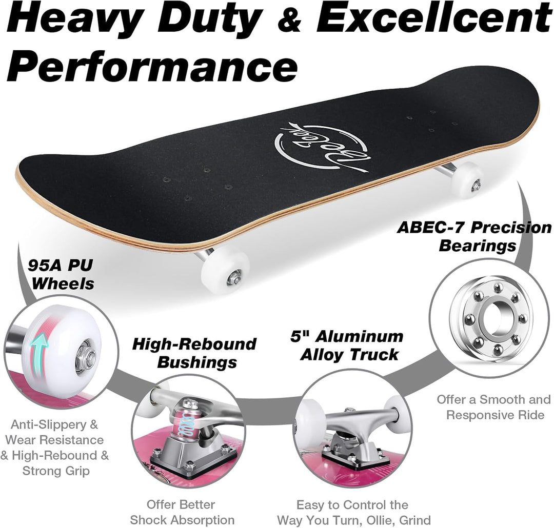 BELEEV Skateboard 31x8 Zoll Komplette Cruiser Skateboard für Kinder Jugendliche Erwachsene, 7-Lagige