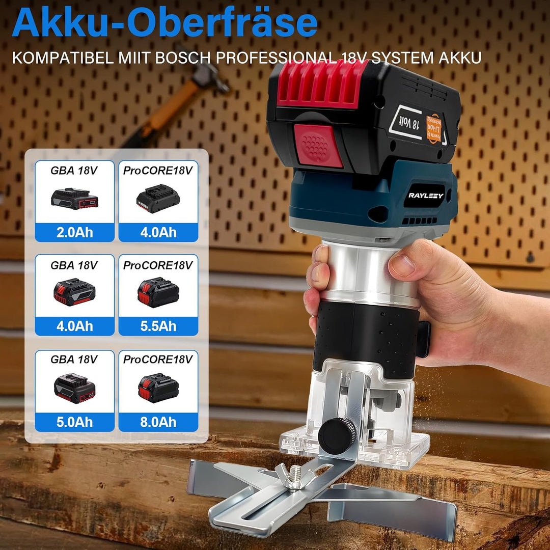 Akku Oberfräse für Bosch 18V Akku, 800W Akku-Kantenfräse Set mit 6 Geschwindigkeit, 30000 U/min Bürs