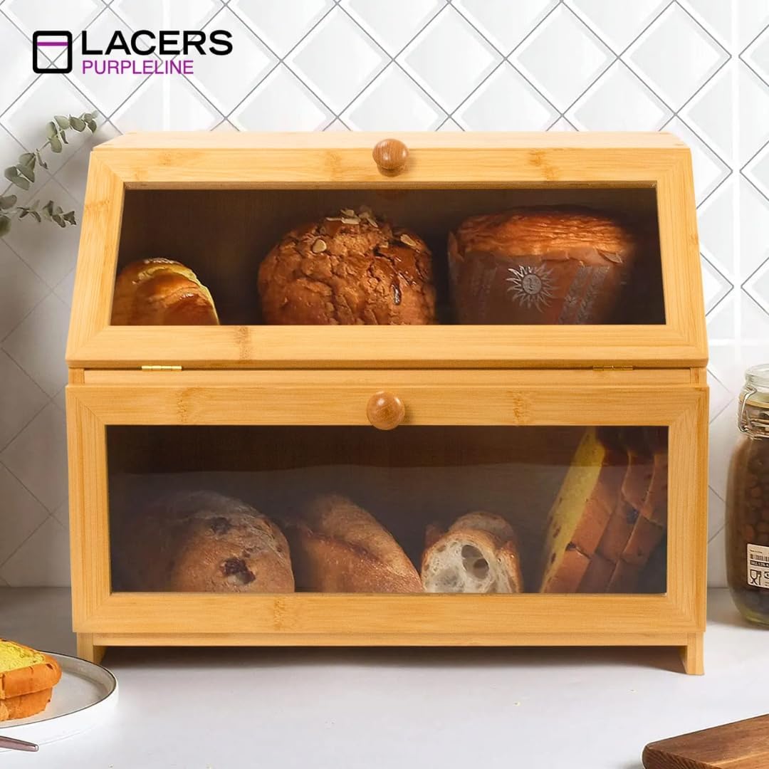 Lacers PURPLELINE Brotkasten aus Bambus mit 2 Etagen &amp; Sichtfenster - Grosser Brotbehälter für die K