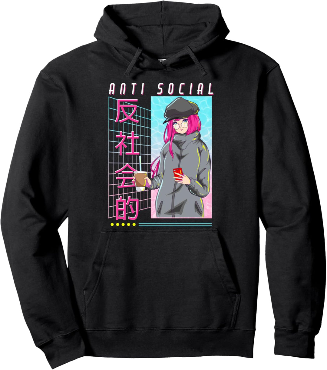 Cute Anime Girl Anti Social Japanese Vaporwave Pullover Hoodie