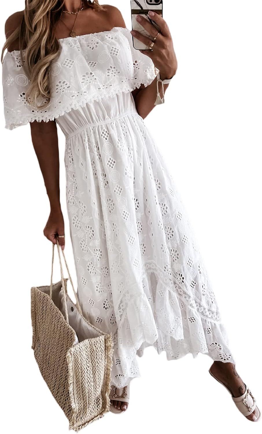 Damen-Maxikleid mit V-Ausschnitt, ärmellos, gestrickt, Spitze, Cutout, Schlinge, Rüschen, offener Rü
