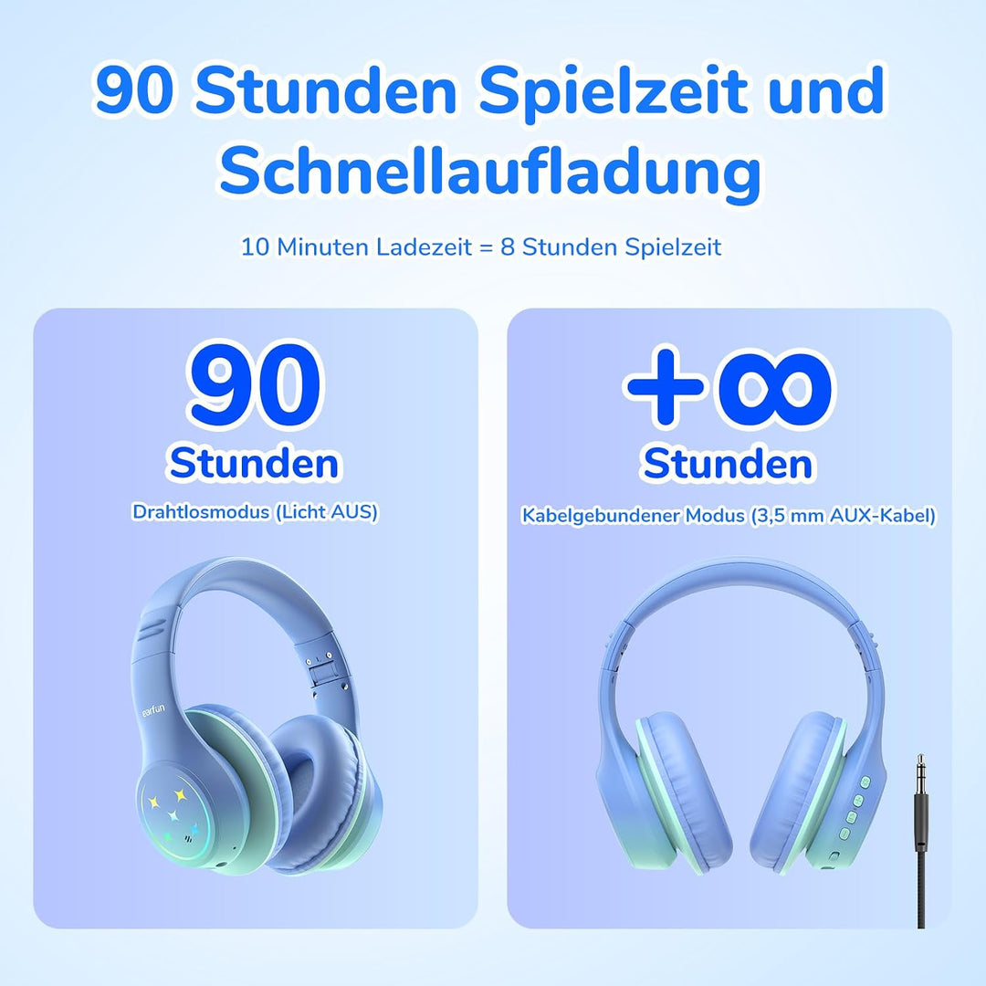 EarFun Bluetooth Kopfhörer Kinder, 5 LED Beleuchtungsmodi, und AUX Kabel | 74/85/94 dBA Lautstärkebe
