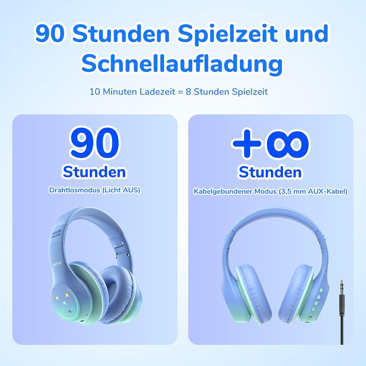 EarFun Bluetooth Kopfhörer Kinder, 5 LED Beleuchtungsmodi, und AUX Kabel | 74/85/94 dBA Lautstärkebe