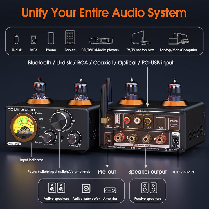 Douk Audio ST-01 PRO HiFi-Verstärker, 200W Mini Röhrenverstärker mit Bluetooth 5.0, VU-Messer, USB D