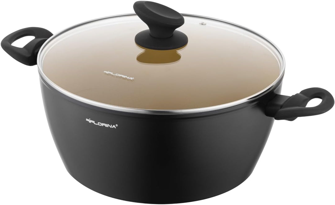 FLORINA AMVEGAN Aluminiumtopf 26 cm I 4,8L I Hohe Haltbarkeit I Glasdeckel I Olivenöl-Keramikbeschic