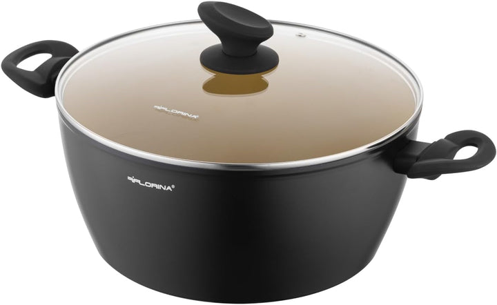 FLORINA AMVEGAN Aluminiumtopf 26 cm I 4,8L I Hohe Haltbarkeit I Glasdeckel I Olivenöl-Keramikbeschic