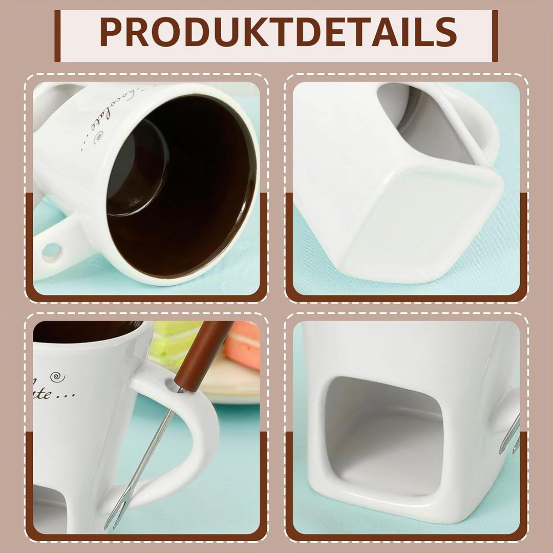 2 Stück Schokofondue Tasse,Keramik Schokoladenfondue Tasse mit Gabel Neu Käsefondue Set,Mehrzweck We
