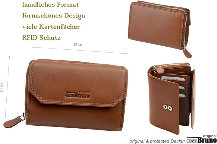 Damen Geldbörse Cognac gross Leder Geldbeutel mittelgross braun Damengeldbörse viele Fächer Portemon