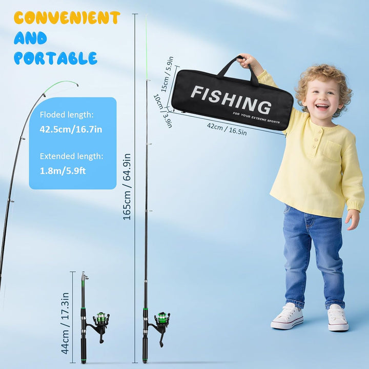 Angelset für Kinder, 2 Stück 1.8m Teleskop-Angelruten-Spule, 3-10 Jahren Angelrute Set Kinder mit An