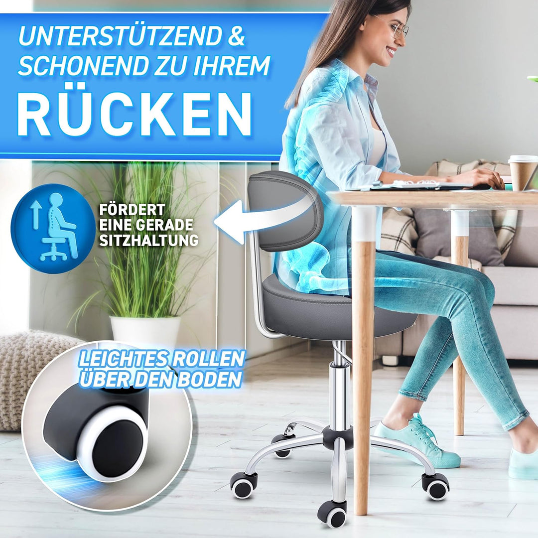 TRESKO® Rollhocker mit Lehne Grau | Arbeitshocker höhenverstellbar 46-58 cm | Drehhocker mit Rollen