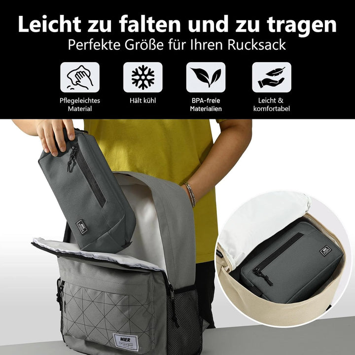 MIER gefrierbare Kühltasche klein 3L, Lunchbag, Snackbox, Grau | Für das Tiefkühlfach gemacht, breit