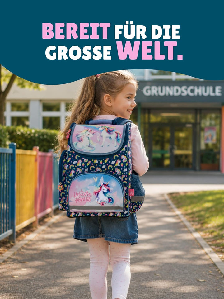 Familando Mädchen Schulranzen-Set Unicorn Einhorn Regenbogen, 8-teilig, ergonomischer Tornister mit