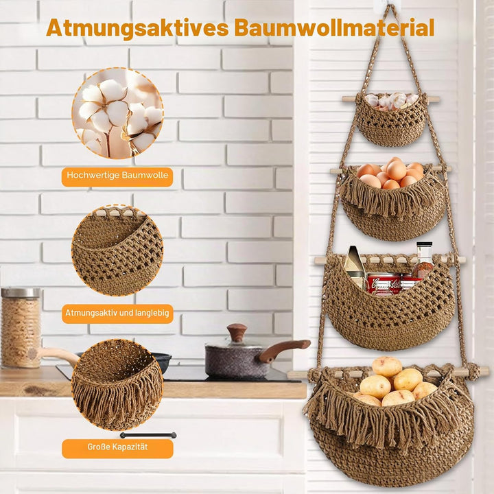 4 Stöckig Hängender Organizer Wand Hängekorb, Baumwollseil Hängeorganizer Tür Wandkorb mit 4 Haken,
