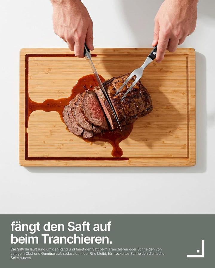 LARHN Bambus Schneidebrett Holz mit Griff & Saftrille - 44,5x30x2 cm | Massiv, vertikal verleimt, pl