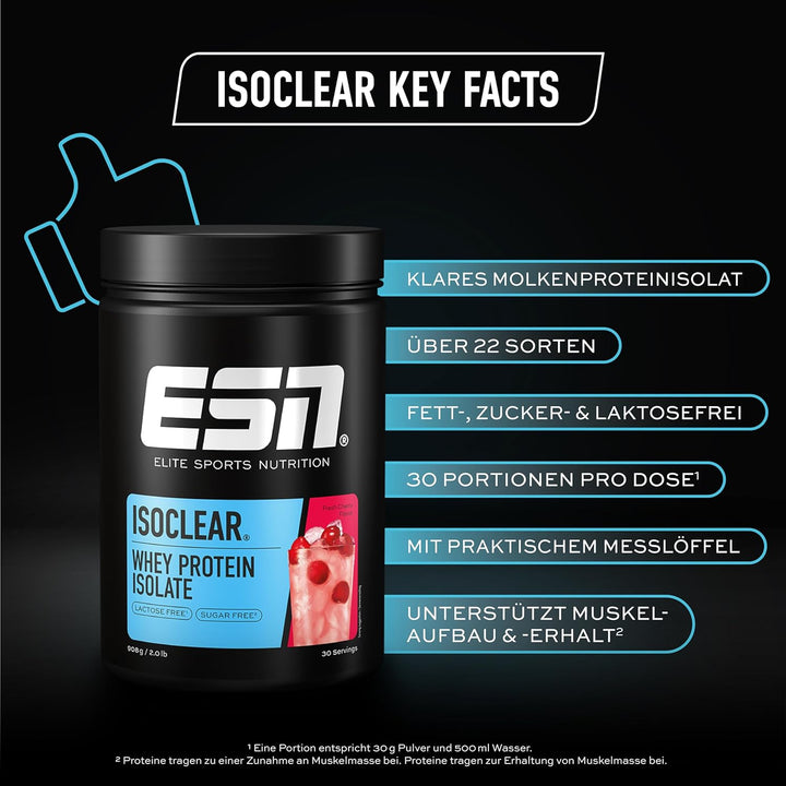 ESN ISOCLEAR Whey Isolate Protein Pulver, Fresh Cherry, 908 g, Proteinlimo mit fruchtig leckerem Ges