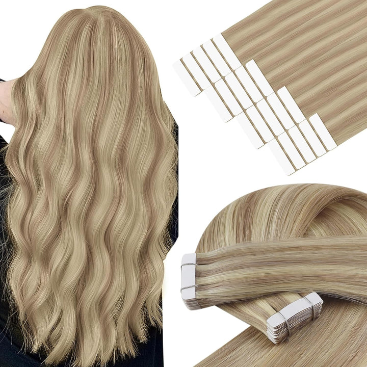 YoungSee Tape in Extensions Echthaar Blond Skin Weft Tape Haarverlangerung Echthaar 50 cm Goldblond