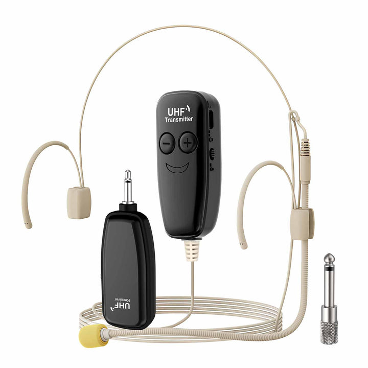 XIAOKOA Kabelloses Headset Mikrofon, UHF Hautton Drahtloses Mikrofon Lautsprechersystem, Beigefarben