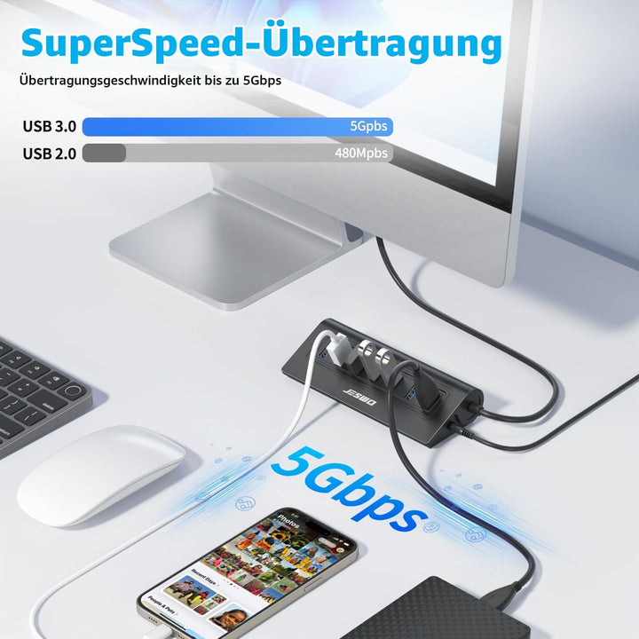 USB HUB mit Netzteil, JESWO 7-Port USB 3.0 Hub, Aluminium USB Verteiler Datenhub mit 100cm Kabel, US