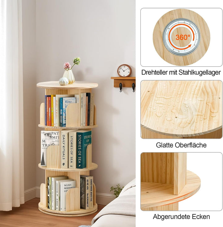 Youyijia Kinder Bücherregal Drehbar, 3 Ebenen Holz Bücherregal, Freistehendes Drehregal für Kinderzi
