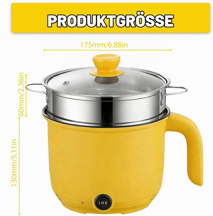 Elektrische Hot Pot Topf, 1.5L Kleiner Elektrischer Kochtopf mit Dämpfkorb aus Edelstahl, 600W Tragb