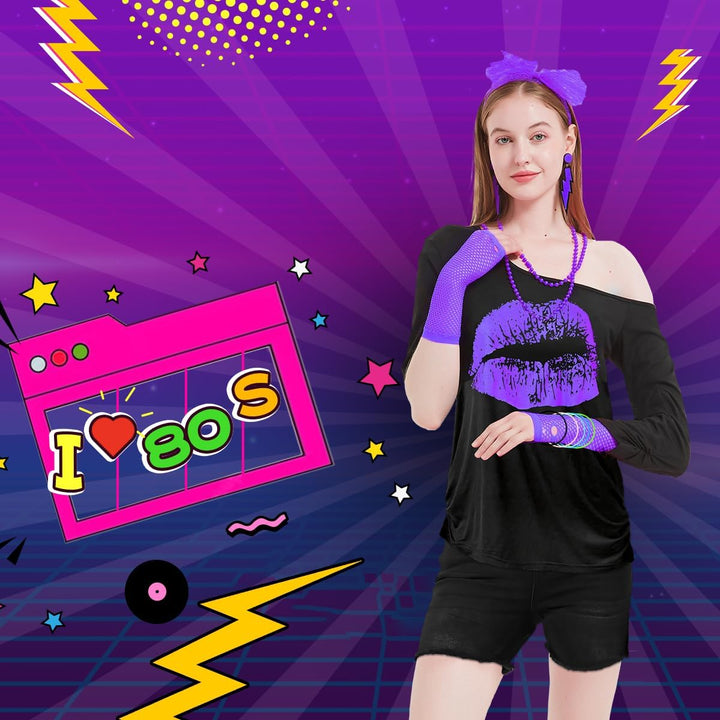 WILDPARTY 80er 90er Jahre Outfit Damen, T-Shirt, Beinwärmer, Stirnband, Ohrring, Halskette, Netzhand