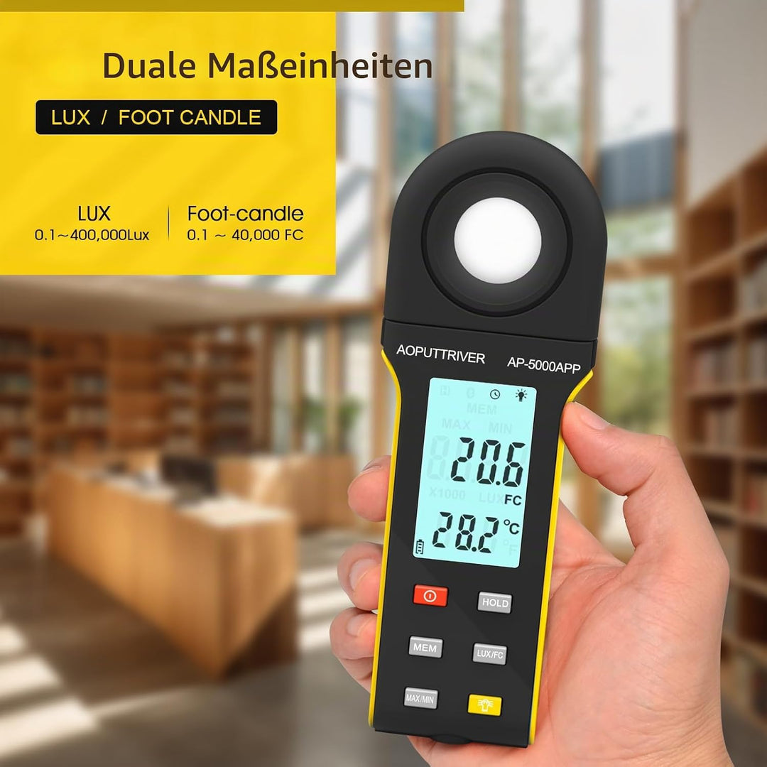 AP-5000APP Digital Luxmeter, Lichtmessgerät Messen 0,1~400.000 Lux Fusskerzen mit 270º Drehbarem Sen