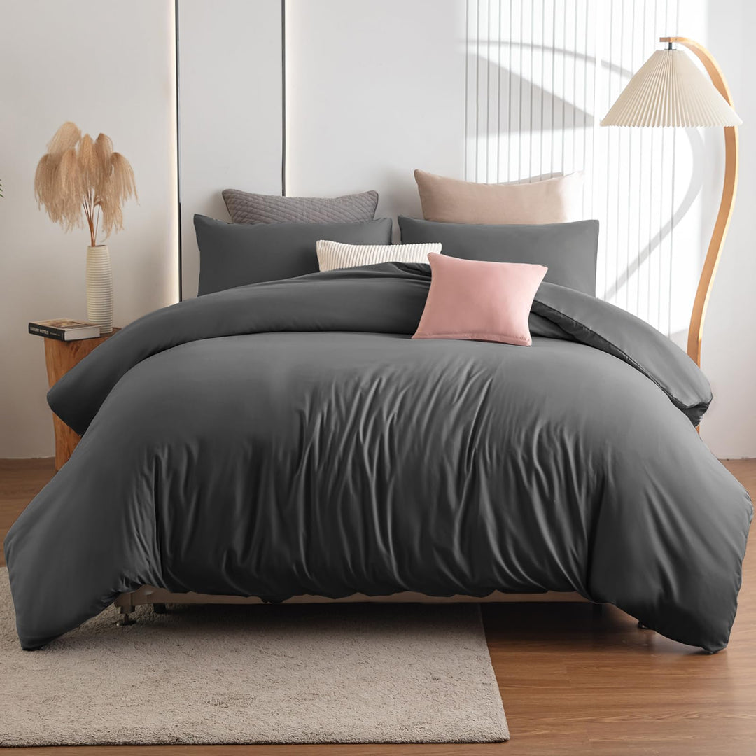 Soifox Bettwäsche 220x240 Grau Anthrazit - bettwäsche-Sets aus Mikrofaser bügelfrei & knitterfrei Be