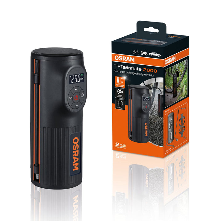 OSRAM TYREinflate 2000, kompakte wiederaufladbare Reifenpumpe mit LED Licht, tragbarer Kompressor fü