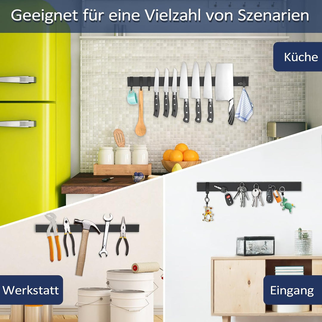 Dmore 50 cm Magnetleiste Messer mit 4 Haken, schwarzer Messerhalter magnetisch ohne Bohren, leistung