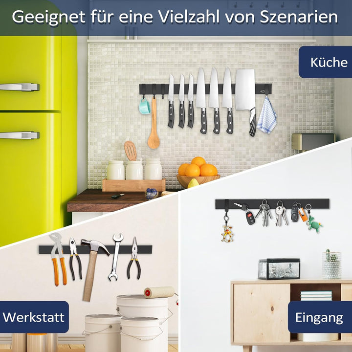 Dmore 50 cm Magnetleiste Messer mit 4 Haken, schwarzer Messerhalter magnetisch ohne Bohren, leistung