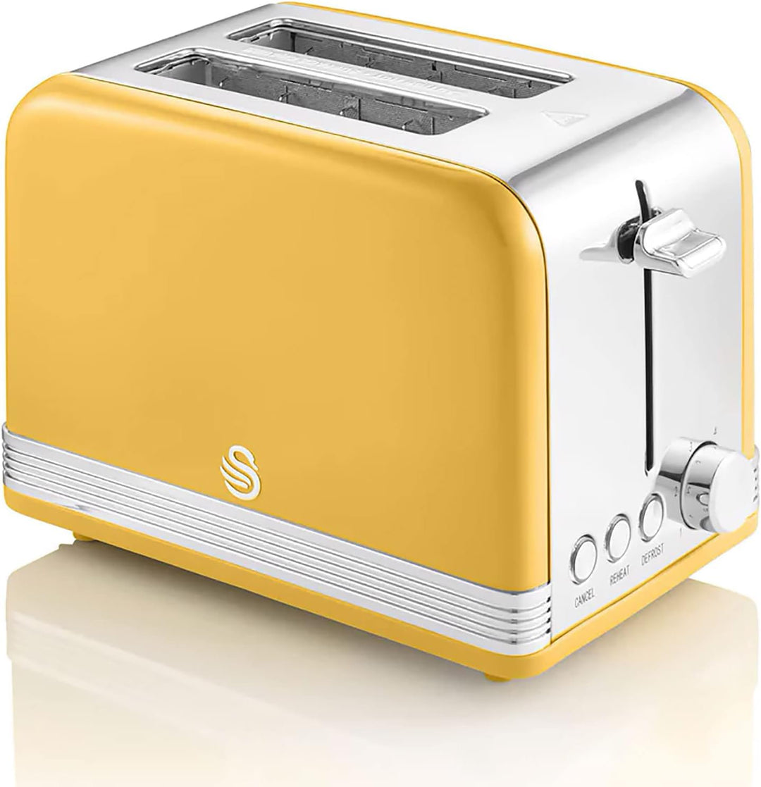 Swan Retro ST19010YELNEU 2-Scheiben-Breitschlitz-Brottoaster, Vintage Design, 3 Funktionen: Auftauen